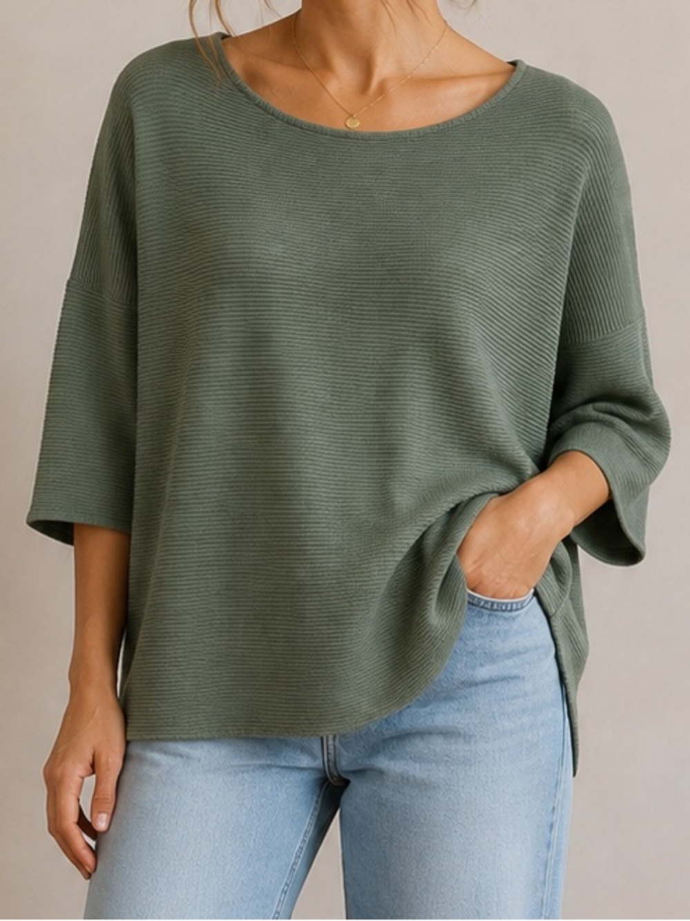 Relaxed Scoop Neck Sweater Top in Olive Green